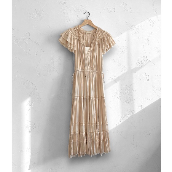 Ulla Johnson Isadora Plisse Midi Dress Dawn Cream Size 2 NWT Flutter Sleeve - Picture 3 of 16